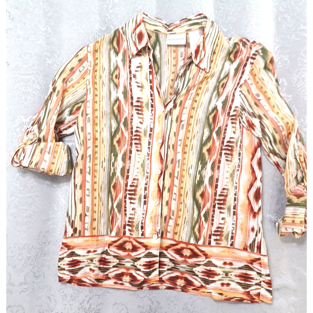 Alfred Dunner Womens Aztec Southwest Lightweight Blouse Sz 12 Roll Sleeve Cotton - Picture 11 of 12